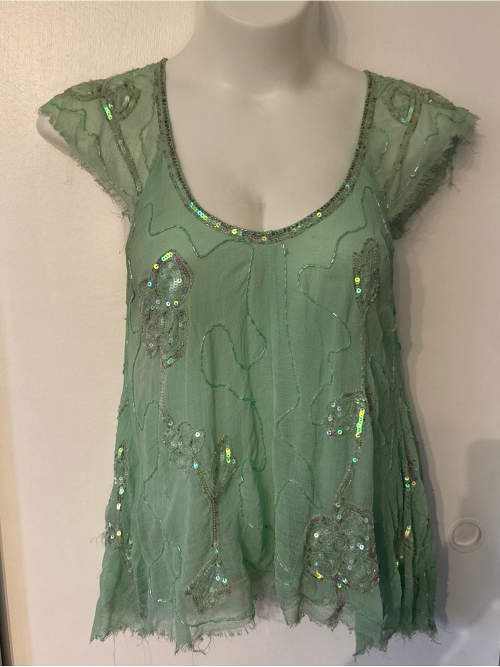 Free People Rare Titan’s Treasure Mint Green Sequin Scoop Neck Tunic large